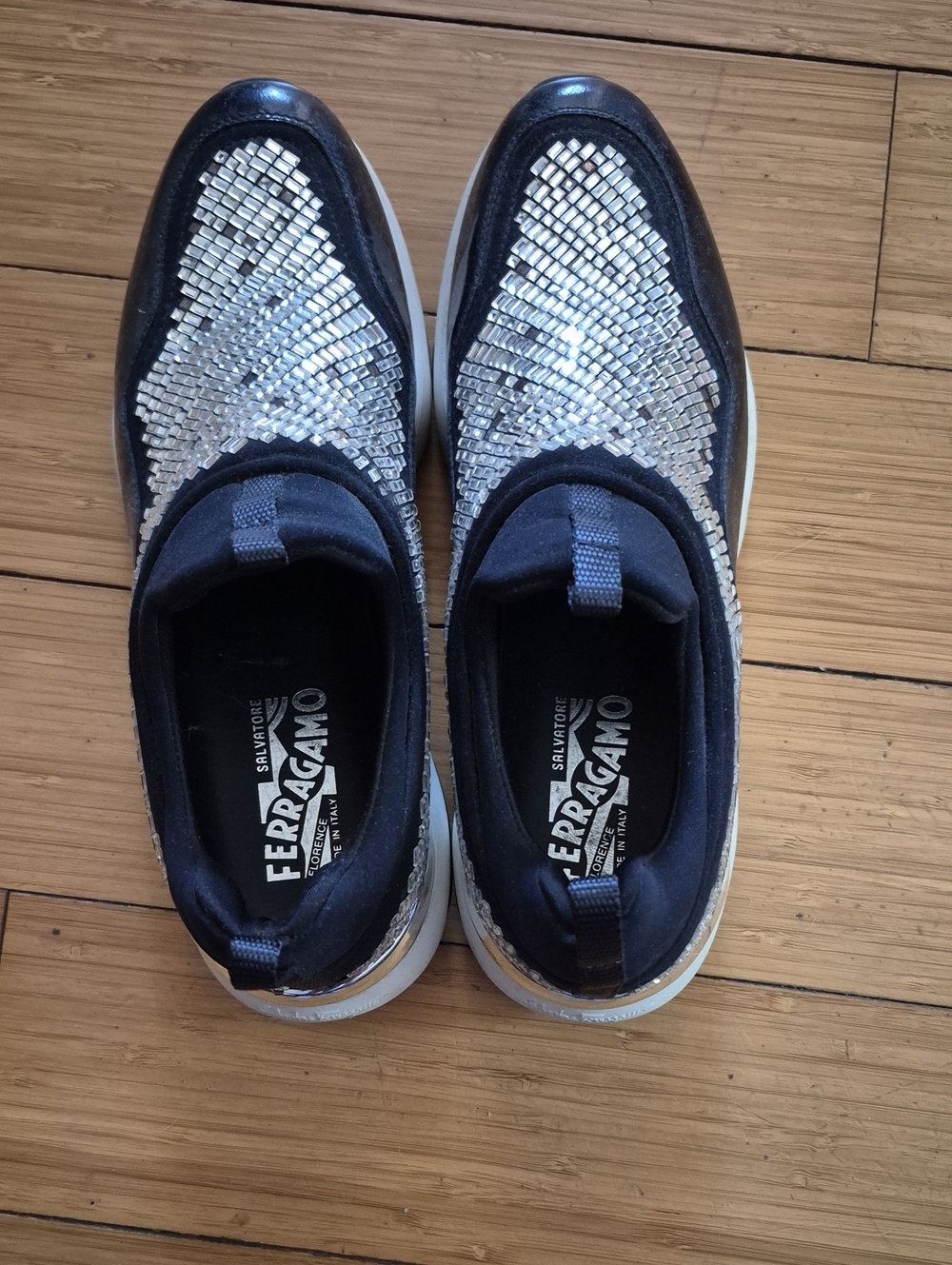 Salvatore Ferragamo Women Navy & Silver Cystal Sequin Slip-On Sneakers
